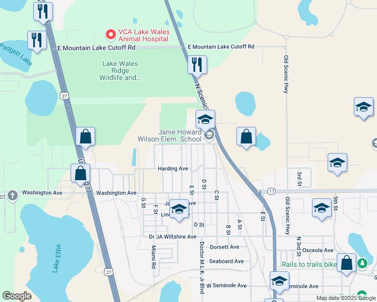 map of restaurants, bars, coffee shops, grocery stores, and more near 433 Pearl Street in Lake Wales
