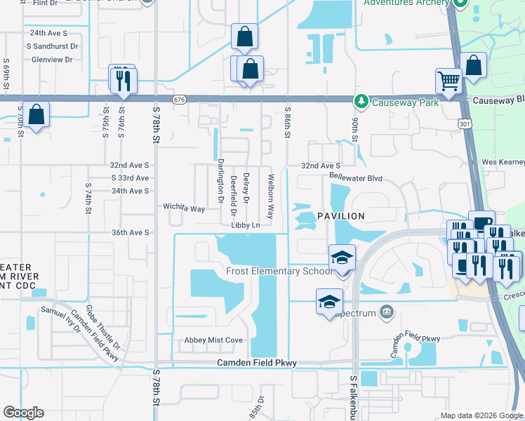 map of restaurants, bars, coffee shops, grocery stores, and more near 3229 Welborn Way in Tampa