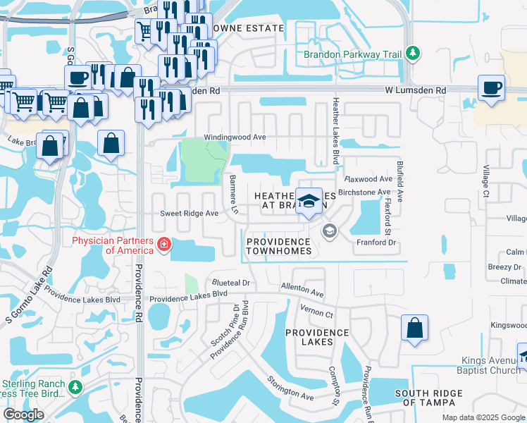 map of restaurants, bars, coffee shops, grocery stores, and more near 1230 Sweet Gum Drive in Brandon