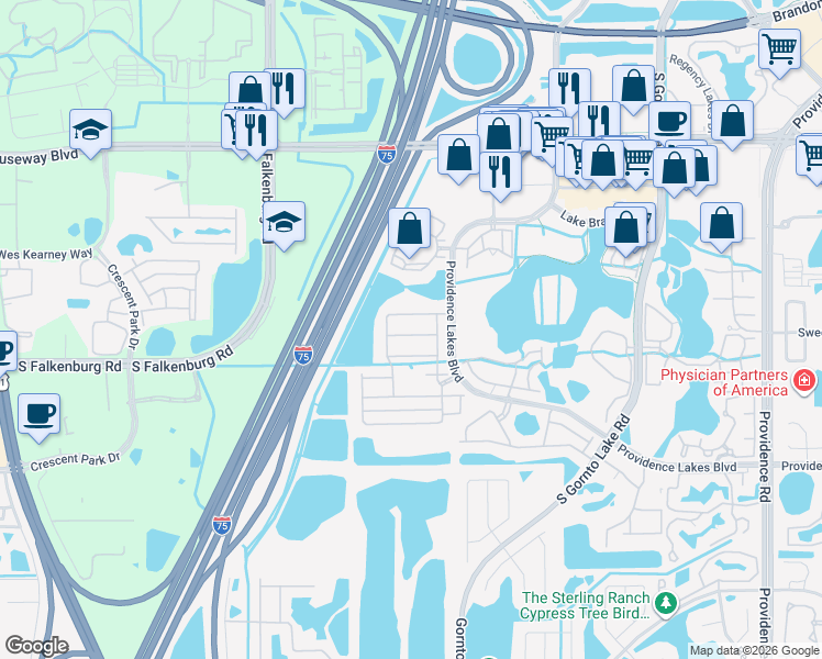 map of restaurants, bars, coffee shops, grocery stores, and more near 2708 Garden Falls Drive in Brandon