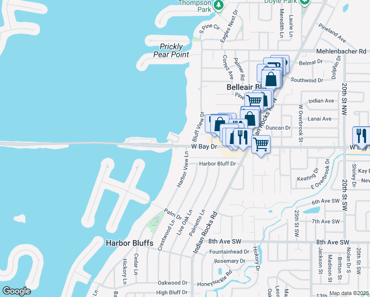 map of restaurants, bars, coffee shops, grocery stores, and more near 55 Harbor View Lane in Belleair Bluffs