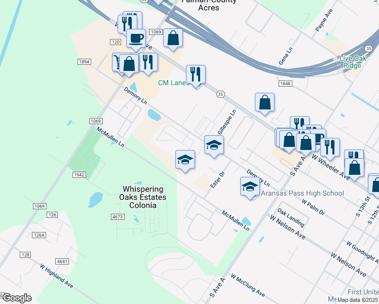 map of restaurants, bars, coffee shops, grocery stores, and more near 127 Pvt Road 120G in Aransas Pass