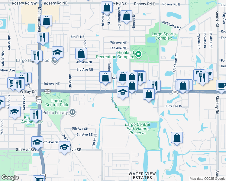 map of restaurants, bars, coffee shops, grocery stores, and more near 1050 East Bay Drive in Largo