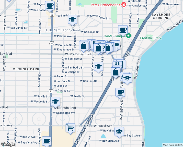 map of restaurants, bars, coffee shops, grocery stores, and more near 3205 South Ferdinand Avenue in Tampa