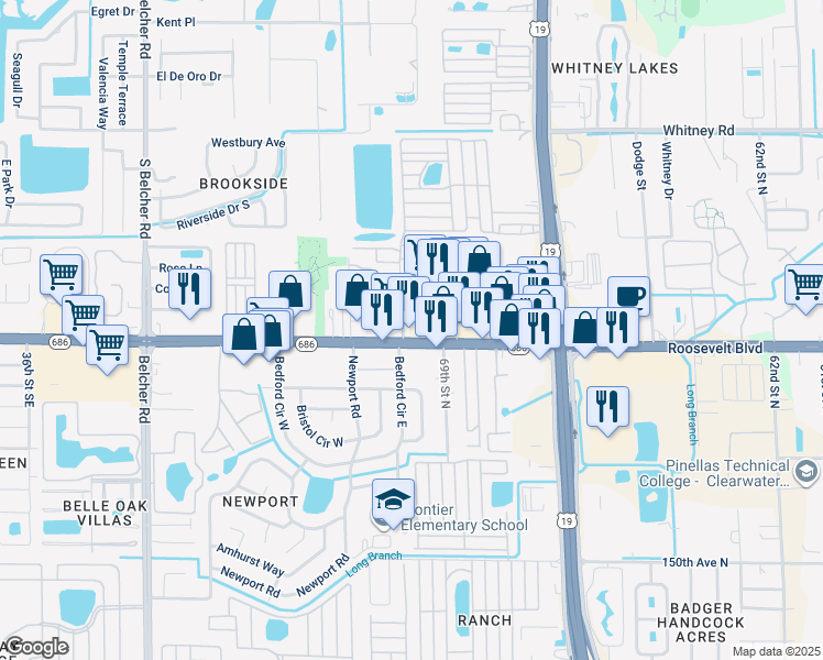 map of restaurants, bars, coffee shops, grocery stores, and more near 4960 East Bay Drive in Clearwater