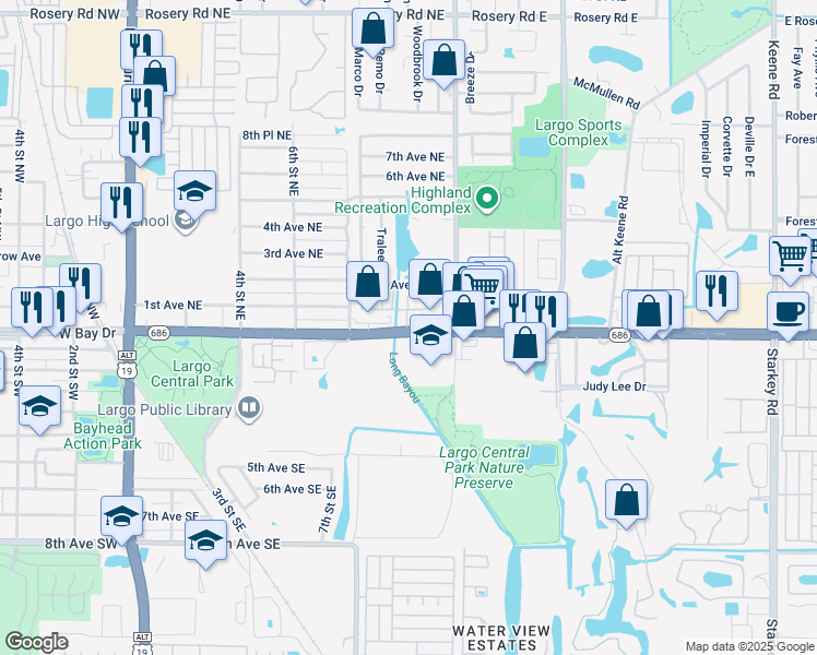map of restaurants, bars, coffee shops, grocery stores, and more near 1050 East Bay Drive in Largo