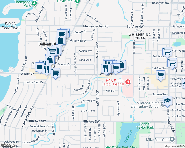 map of restaurants, bars, coffee shops, grocery stores, and more near 2131 West Bay Drive in Largo