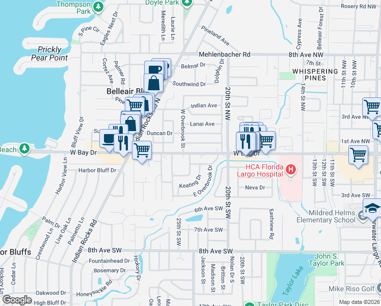 map of restaurants, bars, coffee shops, grocery stores, and more near 2301 West Bay Drive in Largo