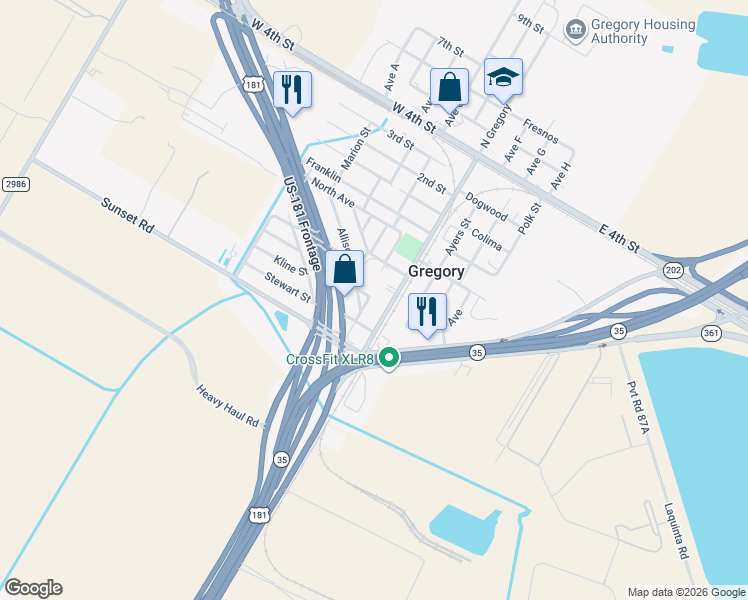 map of restaurants, bars, coffee shops, grocery stores, and more near 700 South Gregory in Gregory