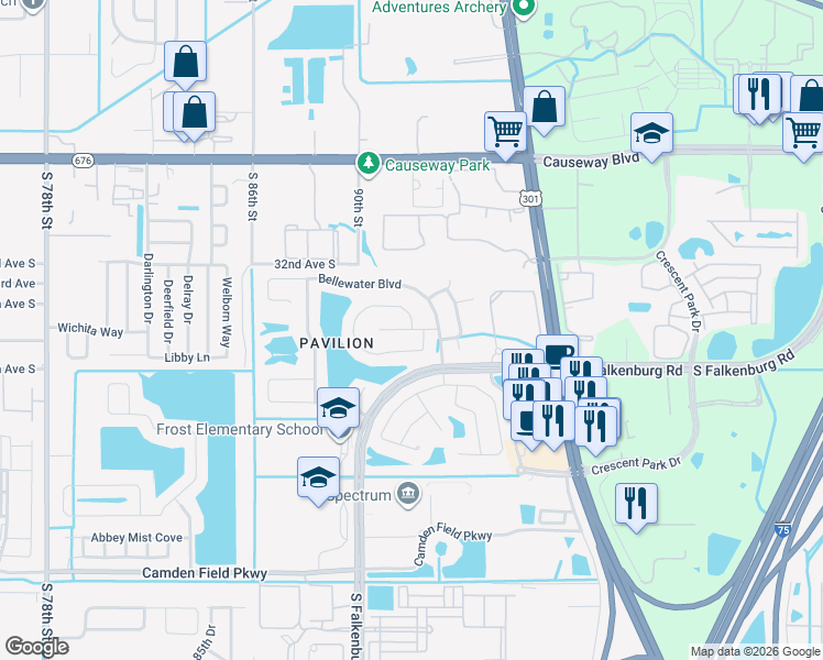 map of restaurants, bars, coffee shops, grocery stores, and more near Grand Palm Court in Riverview