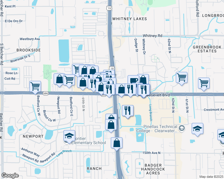 map of restaurants, bars, coffee shops, grocery stores, and more near 7828 East Bay Drive in Clearwater