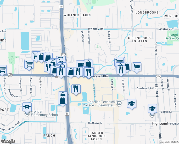 map of restaurants, bars, coffee shops, grocery stores, and more near 2702 Roosevelt Boulevard in Clearwater