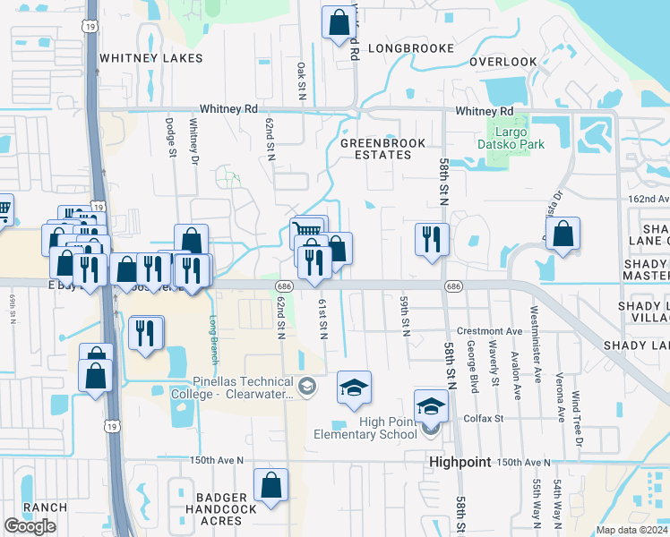 map of restaurants, bars, coffee shops, grocery stores, and more near 2889 Roosevelt Boulevard in Clearwater