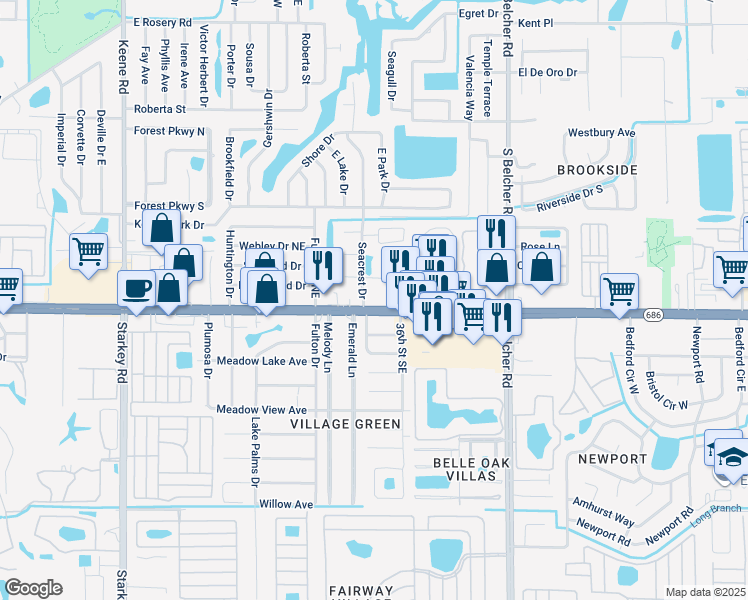 map of restaurants, bars, coffee shops, grocery stores, and more near 3365 East Bay Drive in Largo