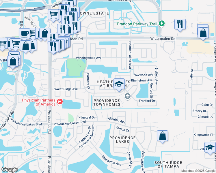 map of restaurants, bars, coffee shops, grocery stores, and more near 1319 Sugar Maple Lane in Brandon