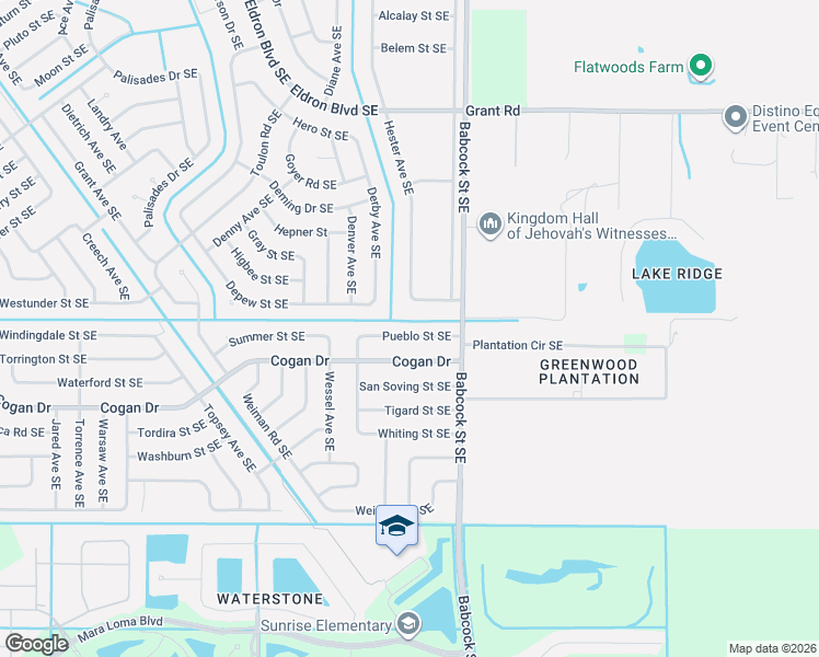 map of restaurants, bars, coffee shops, grocery stores, and more near 1652 Pueblo Street Southeast in Palm Bay