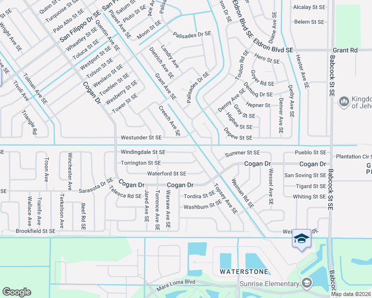 map of restaurants, bars, coffee shops, grocery stores, and more near 1278 Windingdale Street Southeast in Palm Bay