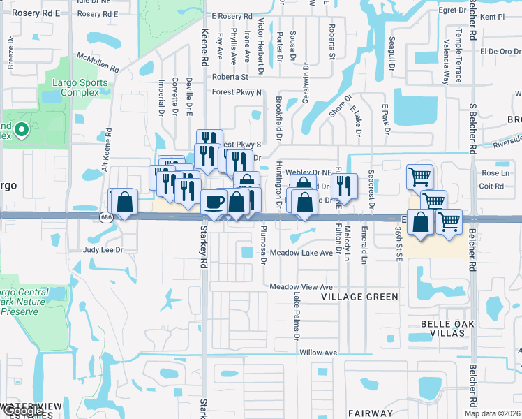 map of restaurants, bars, coffee shops, grocery stores, and more near 2655 East Bay Drive in Largo