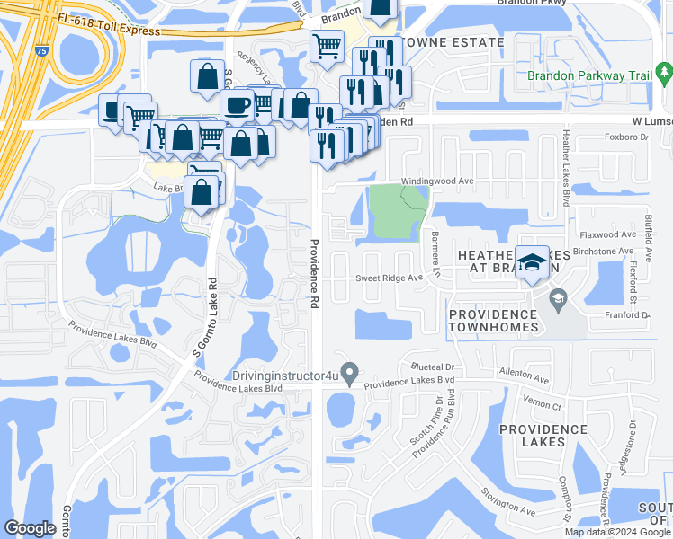 map of restaurants, bars, coffee shops, grocery stores, and more near 1206 Coolridge Drive in Brandon