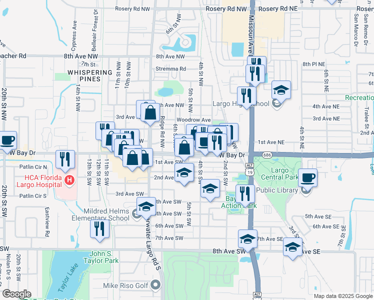 map of restaurants, bars, coffee shops, grocery stores, and more near 424 West Bay Drive in Largo