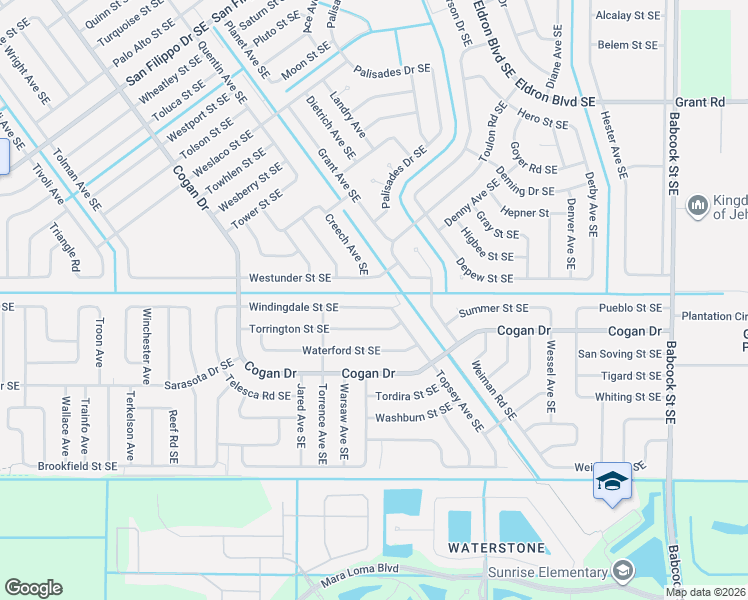 map of restaurants, bars, coffee shops, grocery stores, and more near 1278 Windingdale Street Southeast in Palm Bay