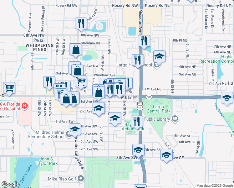 map of restaurants, bars, coffee shops, grocery stores, and more near 331 East Bay Drive in Largo
