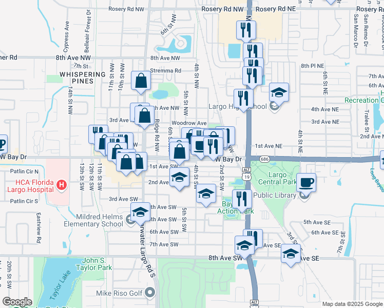 map of restaurants, bars, coffee shops, grocery stores, and more near 424 West Bay Drive in Largo