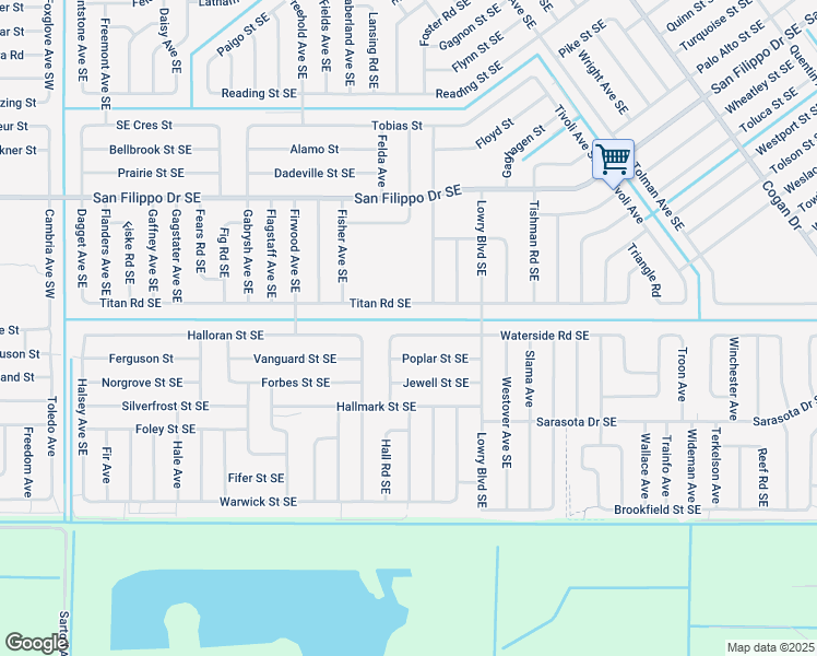 map of restaurants, bars, coffee shops, grocery stores, and more near 526 Waterside Road Southeast in Palm Bay