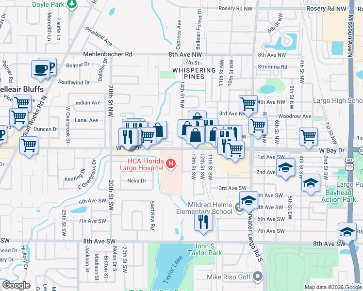 map of restaurants, bars, coffee shops, grocery stores, and more near in Largo