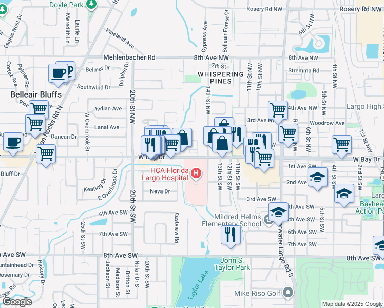 map of restaurants, bars, coffee shops, grocery stores, and more near 1601 West Bay Drive in Largo