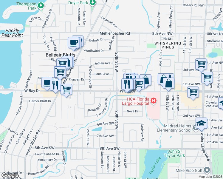 map of restaurants, bars, coffee shops, grocery stores, and more near in Largo