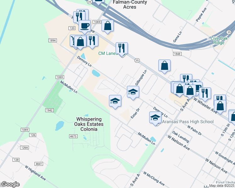 map of restaurants, bars, coffee shops, grocery stores, and more near 127 Pvt Road 120G in Aransas Pass