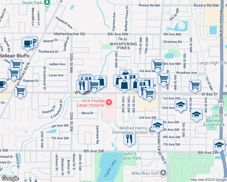 map of restaurants, bars, coffee shops, grocery stores, and more near 1401 West Bay Drive in Largo