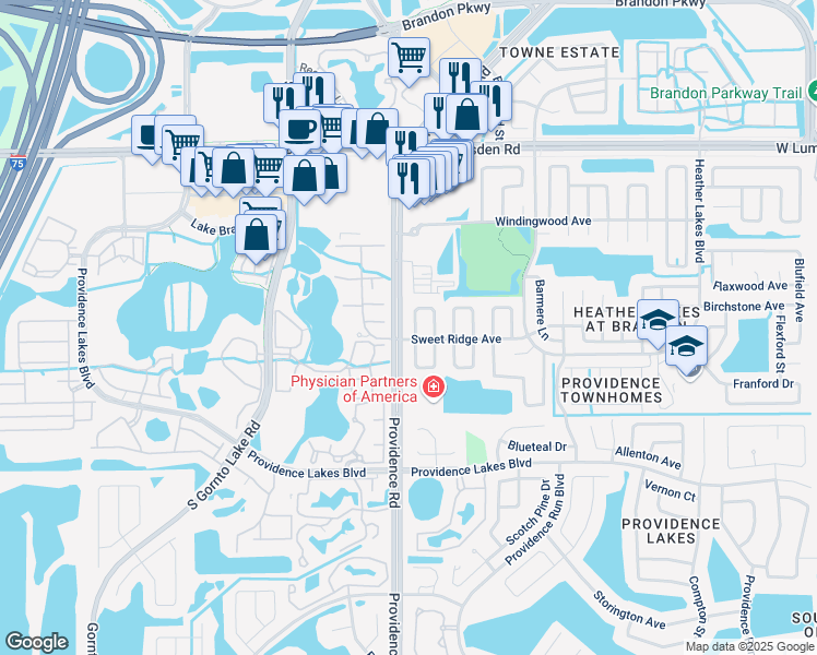 map of restaurants, bars, coffee shops, grocery stores, and more near 1301 Providence Road in Brandon