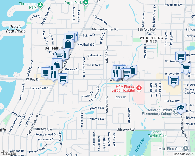 map of restaurants, bars, coffee shops, grocery stores, and more near 2131 West Bay Drive in Largo