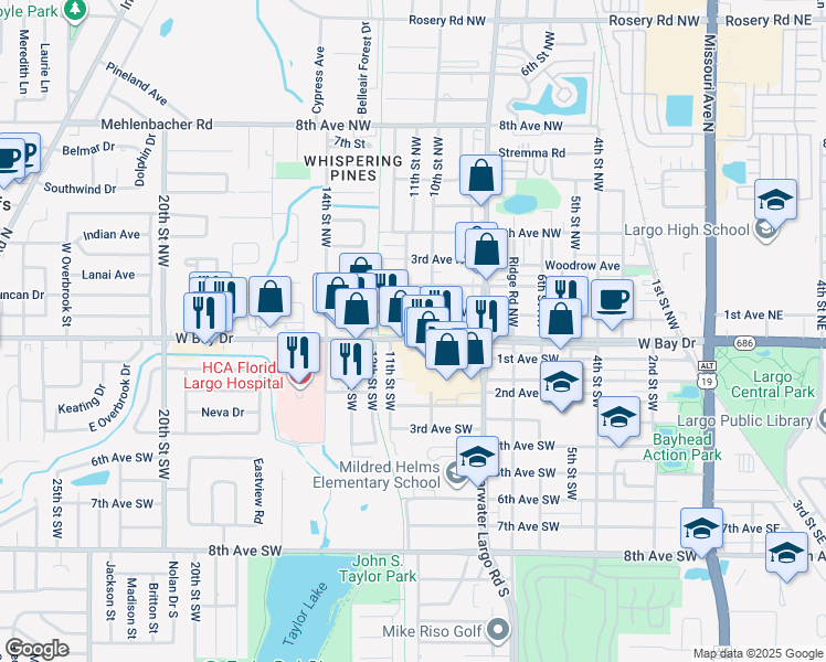 map of restaurants, bars, coffee shops, grocery stores, and more near 1033 West Bay Drive in Largo