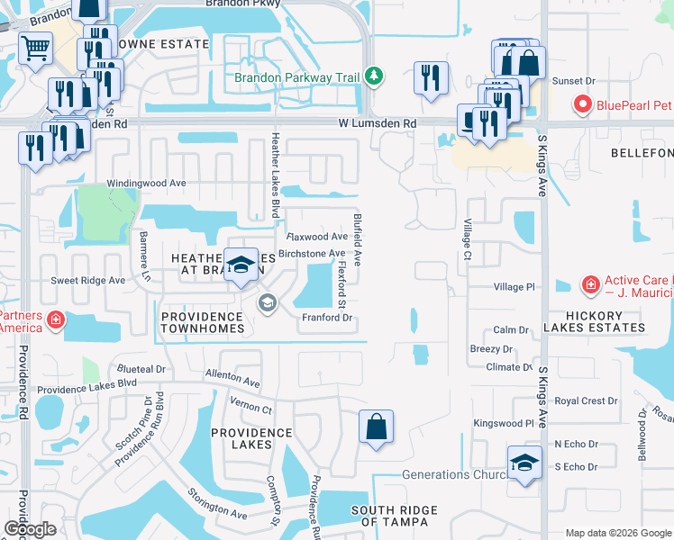 map of restaurants, bars, coffee shops, grocery stores, and more near 1209 Flexford Street in Brandon