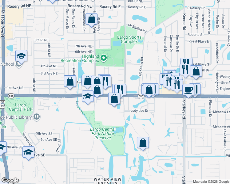 map of restaurants, bars, coffee shops, grocery stores, and more near in Largo