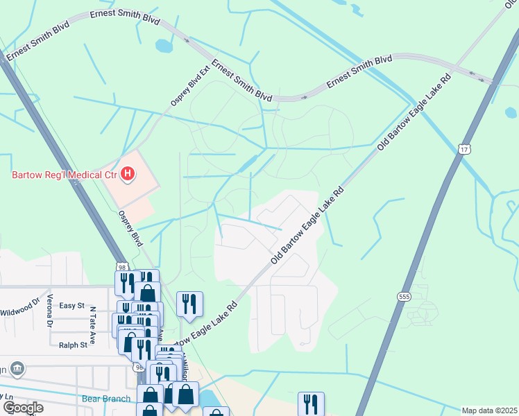map of restaurants, bars, coffee shops, grocery stores, and more near 1801 Kingsmill Drive in Bartow
