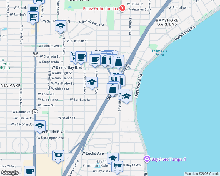 map of restaurants, bars, coffee shops, grocery stores, and more near 3201 West Tacon Street in Tampa