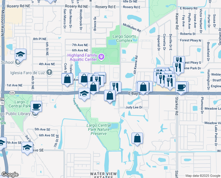 map of restaurants, bars, coffee shops, grocery stores, and more near 1555 East Bay Drive in Largo