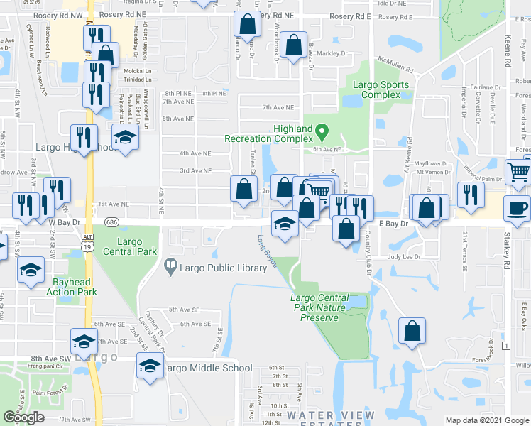 map of restaurants, bars, coffee shops, grocery stores, and more near 1050 East Bay Drive in Largo