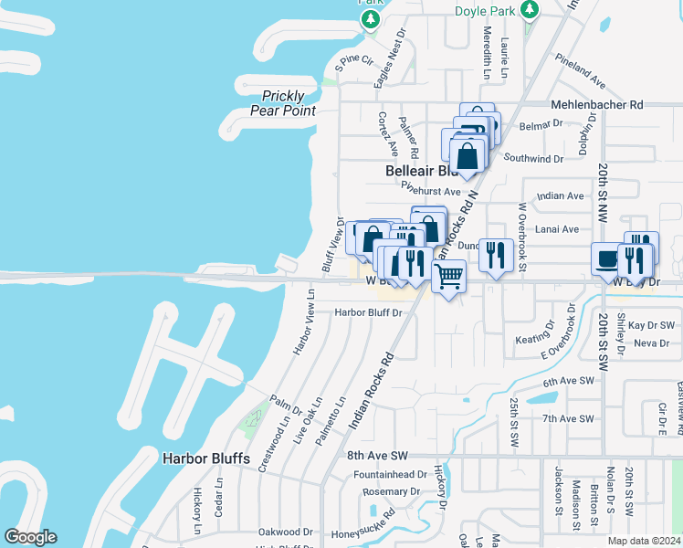 map of restaurants, bars, coffee shops, grocery stores, and more near 131 Bluff View Drive in Belleair Bluffs