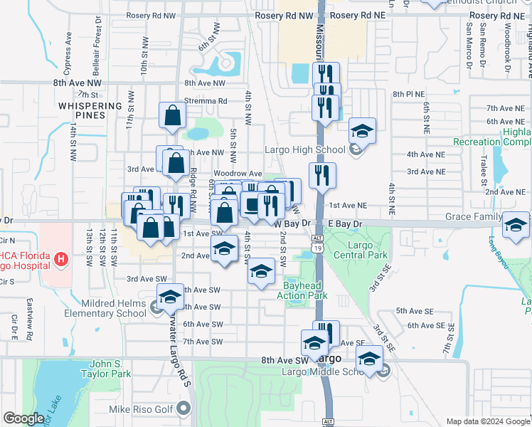 map of restaurants, bars, coffee shops, grocery stores, and more near 331 East Bay Drive in Largo