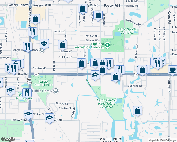 map of restaurants, bars, coffee shops, grocery stores, and more near 1050 East Bay Drive in Largo