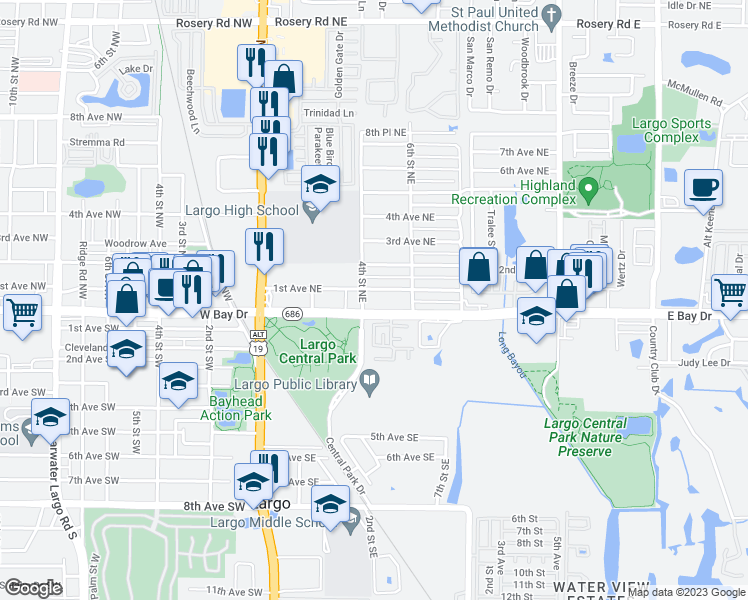 map of restaurants, bars, coffee shops, grocery stores, and more near 417 1st Avenue Northeast in Largo