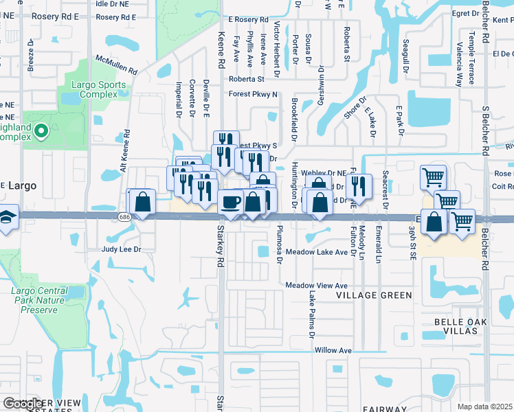 map of restaurants, bars, coffee shops, grocery stores, and more near 2655 East Bay Drive in Largo