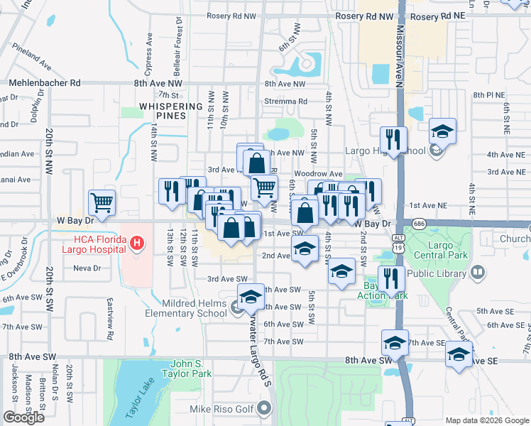 map of restaurants, bars, coffee shops, grocery stores, and more near 701 West Bay Drive in Largo
