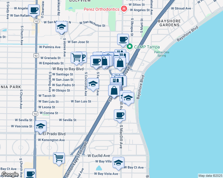 map of restaurants, bars, coffee shops, grocery stores, and more near 3201 West Tacon Street in Tampa