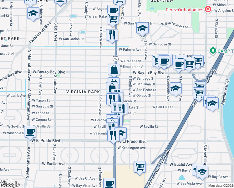 map of restaurants, bars, coffee shops, grocery stores, and more near 3723 West Tacon Street in Tampa